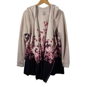 Cuddl Duds Cardigan Women M Cream Purple Floral Longline Cozy Plush Hooded Coat